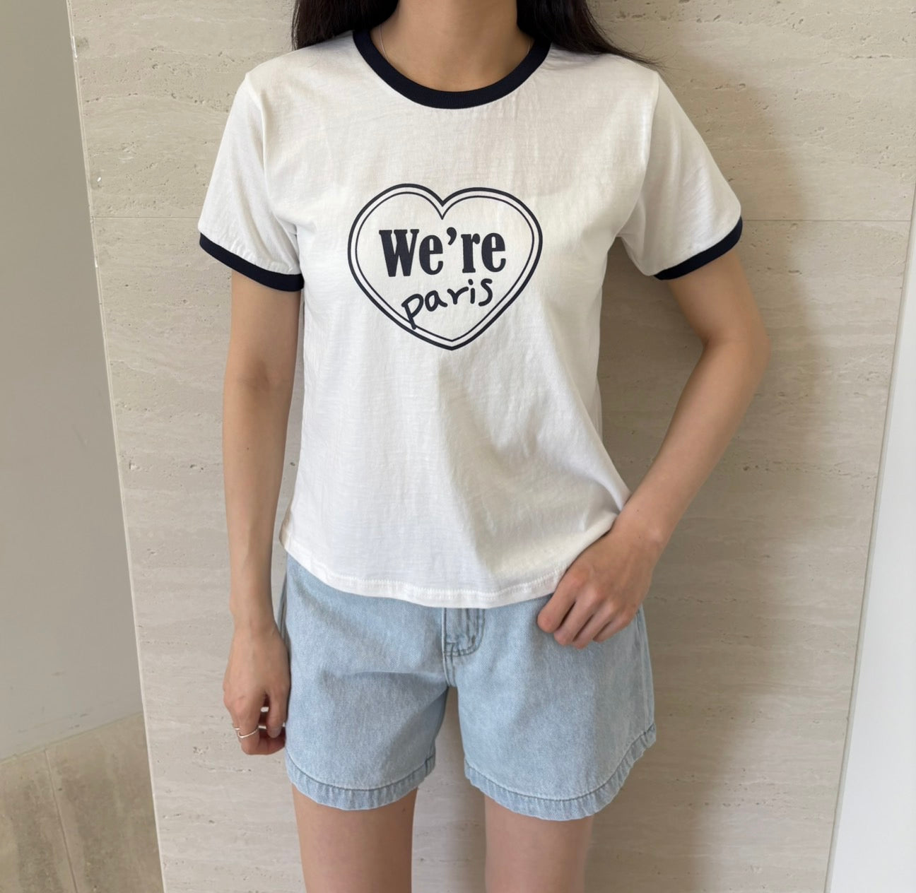 韓國製。女款文青Paris愛心棉質短T T-Shirt (2色)