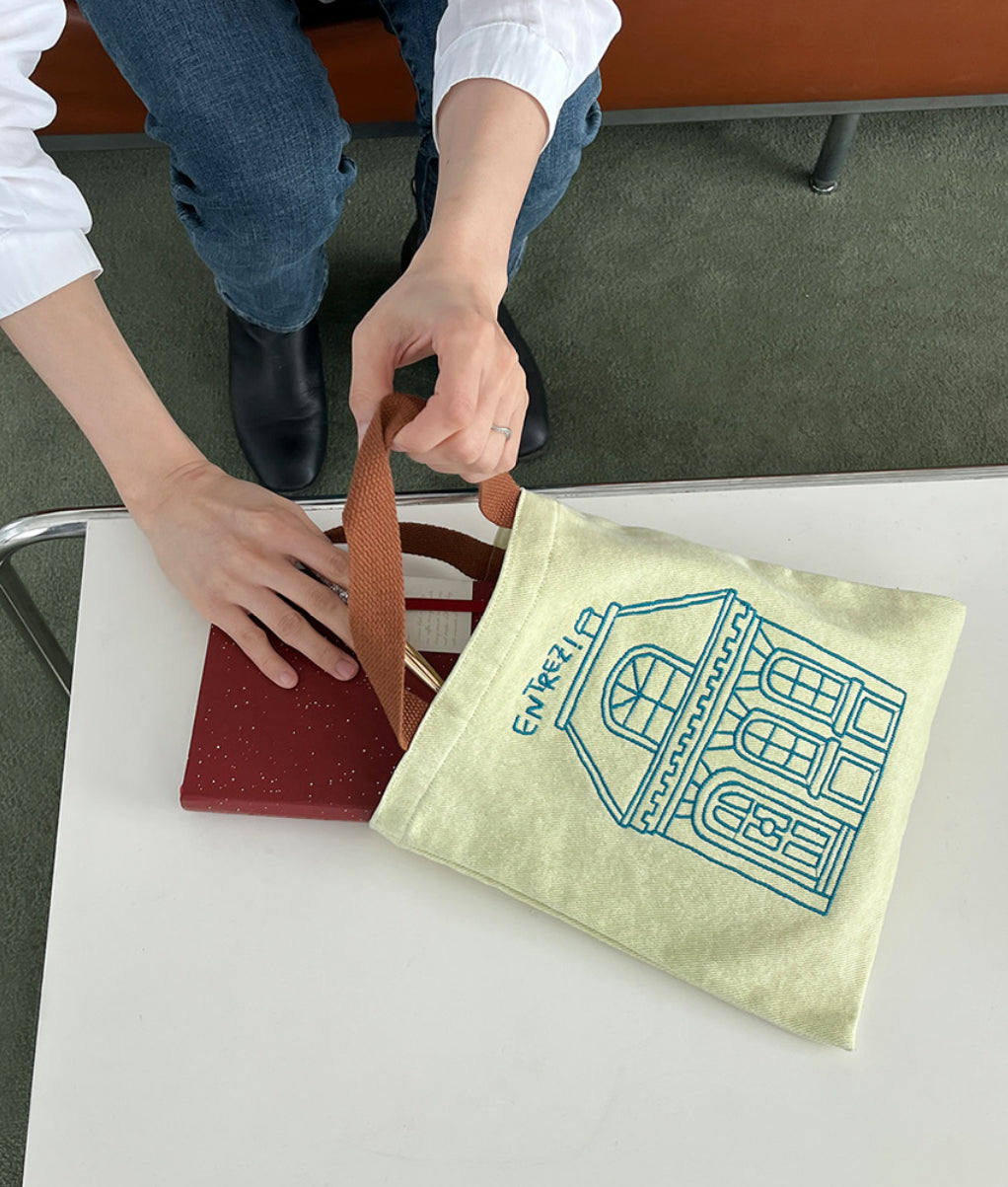 [Stitchichi] 韓製文創洋房撞色手提帆布收納袋（萊姆色）