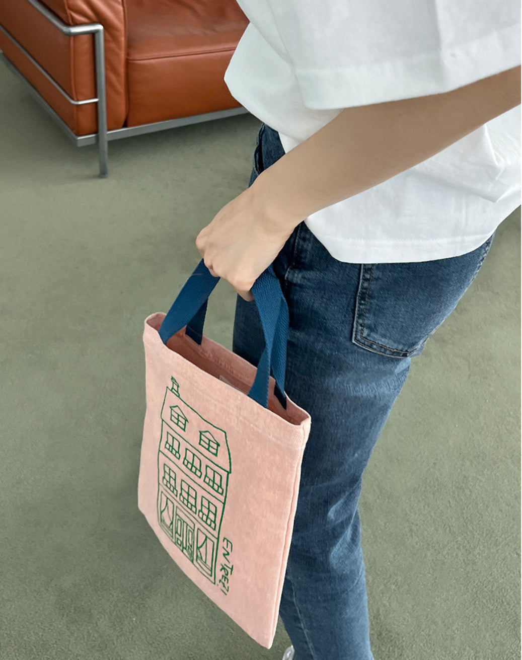 [Stitchichi] 韓製文創洋房撞色手提帆布收納袋（梅粉色）