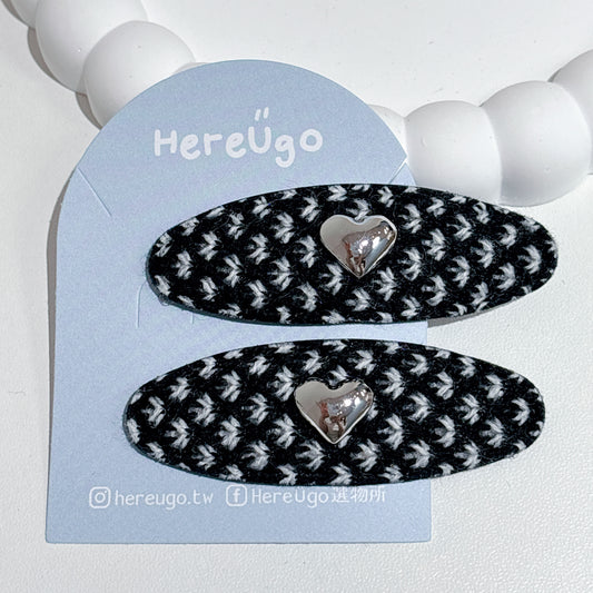 韓製。黑白編織毛呢愛心髮夾/瀏海夾_千鳥格