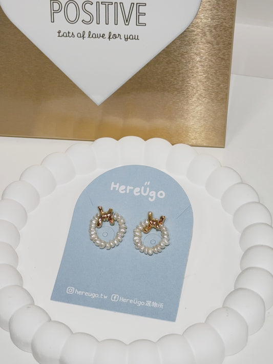 韓製。不規則珍珠環型圈SILVER POST耳針式耳環