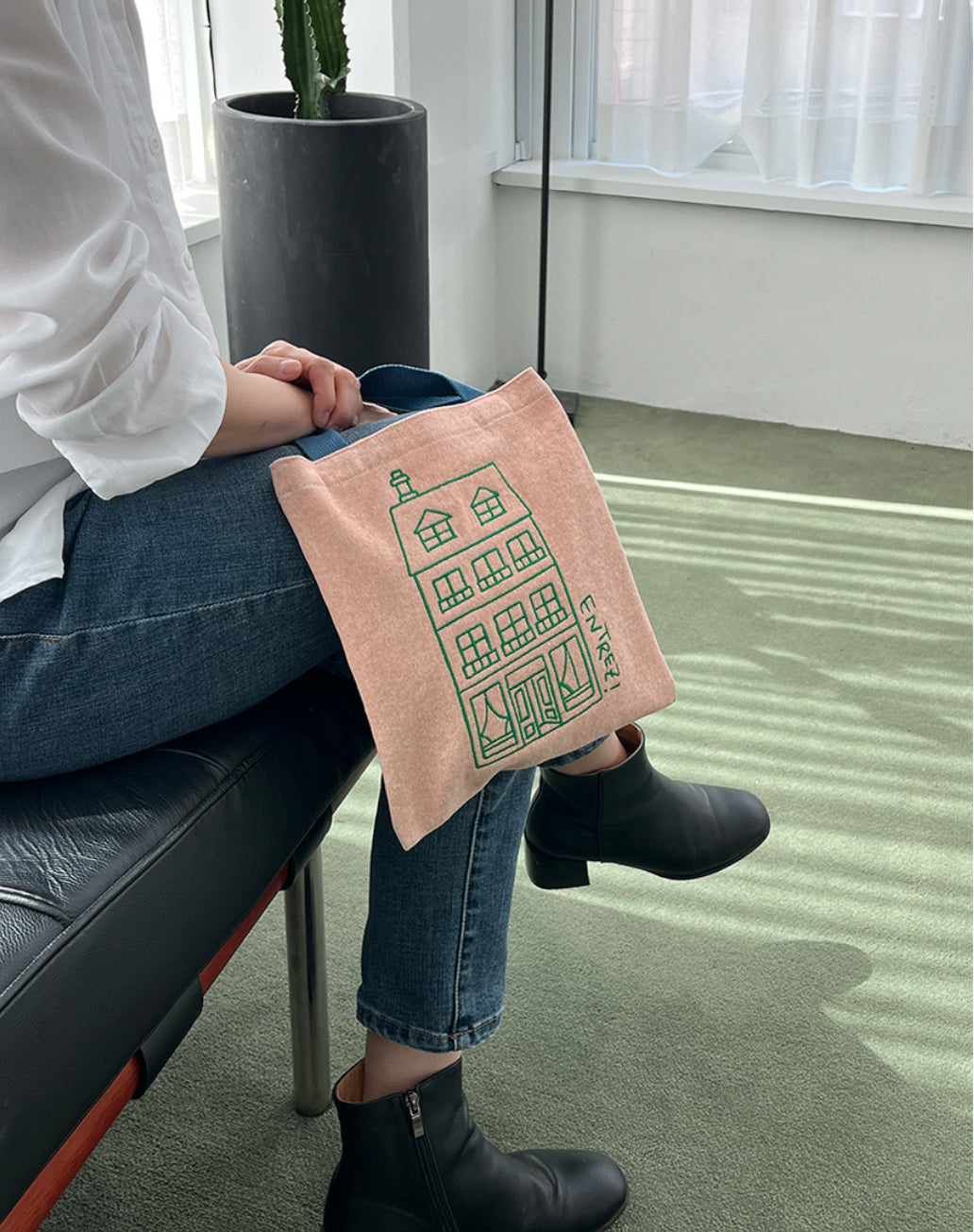 [Stitchichi] 韓製文創洋房撞色手提帆布收納袋（梅粉色）