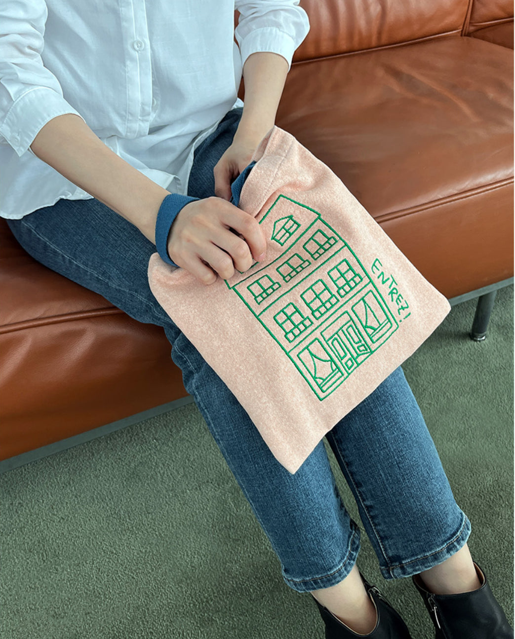 [Stitchichi] 韓製文創洋房撞色手提帆布收納袋（梅粉色）