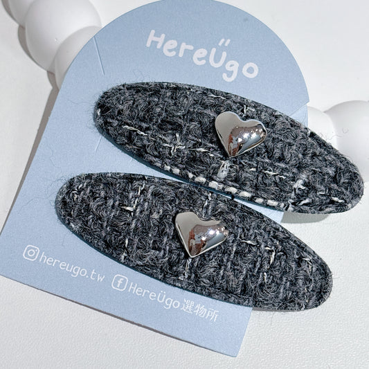 韓製。銀線編織格毛呢愛心髮夾/瀏海夾_氣質灰