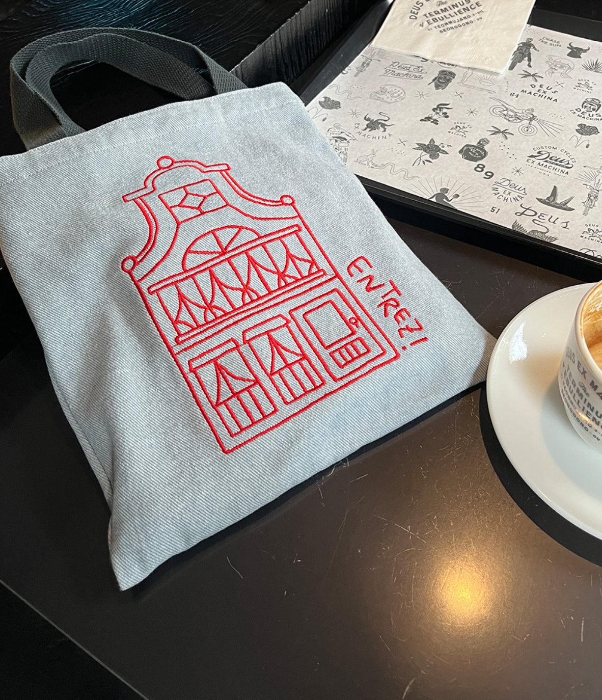 [Stitchichi] 韓製文創洋房撞色手提帆布收納袋（牛仔藍）