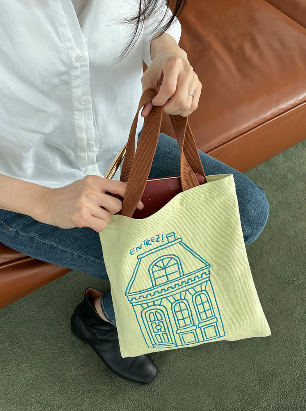 [Stitchichi] 韓製文創洋房撞色手提帆布收納袋（萊姆色）