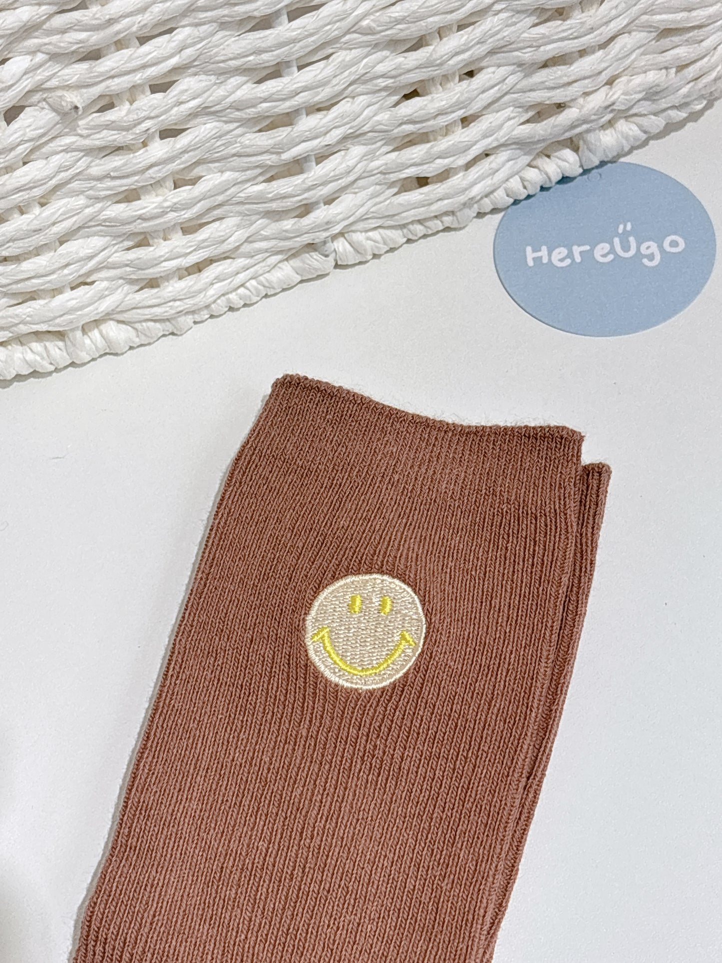 韓國刺繡smiley微笑表情中筒襪